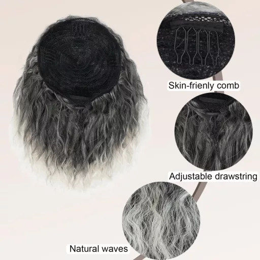 PORSMEER Coadă de cal ondulată ombre gri, păr sintetic cu șnur, pentru femei afro