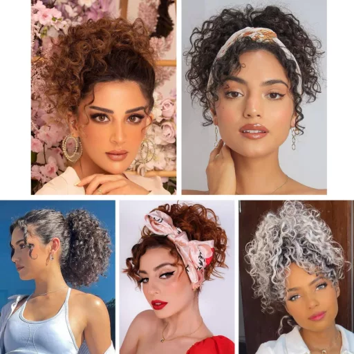 PORSMEER Göndör Ombre Szürke Lófarok Szintetikus Hajú Afro Nőknek Rajzszalag