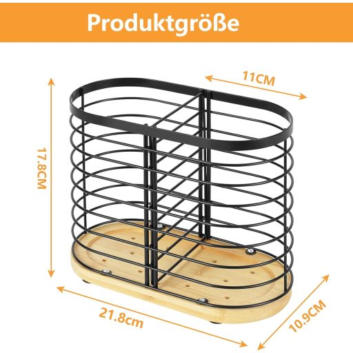 buysigo Čierny nerezový stojan na príbory s dreveným podstavcom, 2-priehradkový kuchynský organizér
