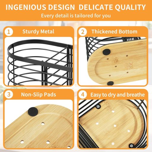 buysigo Čierny nerezový stojan na príbory s dreveným podstavcom, 2-priehradkový kuchynský organizér