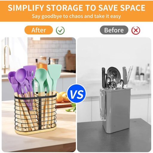 buysigo Čierny nerezový stojan na príbory s dreveným podstavcom, 2-priehradkový kuchynský organizér