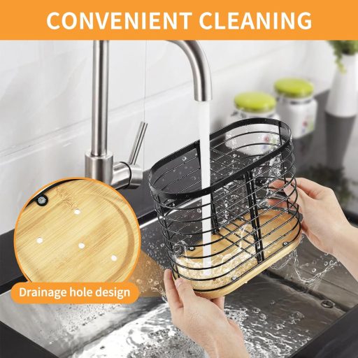 buysigo Fekete Rozsdamentes Evőeszköz Tartó Fa Alappal, 2 Rekeszes Konyai Szervező