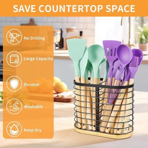 buysigo Fekete Rozsdamentes Evőeszköz Tartó Fa Alappal, 2 Rekeszes Konyai Szervező