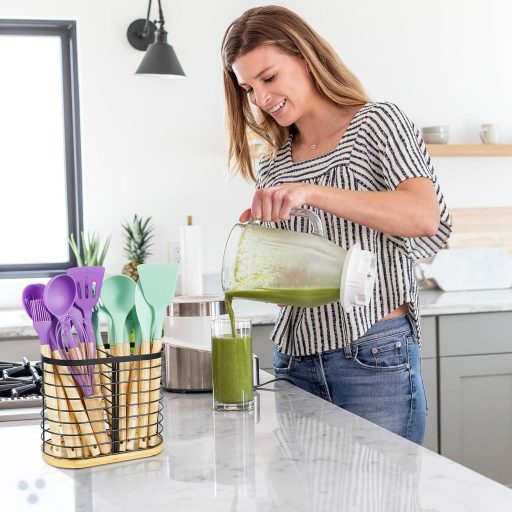 buysigo Fekete Rozsdamentes Evőeszköz Tartó Fa Alappal, 2 Rekeszes Konyai Szervező