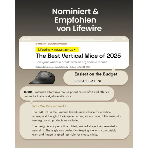 Mouse ergonomic vertical wireless reîncărcabil ProtoArc EM11 NL - Mini cu conexiune triplă pentru Computer, iPad, Mac