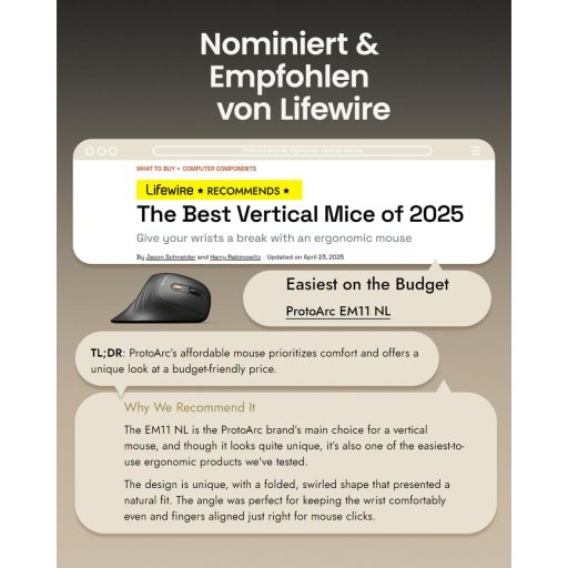 Mouse ergonomic vertical wireless reîncărcabil ProtoArc EM11 NL - Mini cu conexiune triplă pentru Computer, iPad, Mac