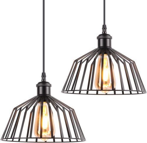 AWEKLIY Vintage Ipari Függőlámpa Szett - 2 db Fekete Fém Mennyezeti Lámpa, E27 Foglalat, Állítható Magasság, 25 cm Átmérő, Nappali, Étkező, 