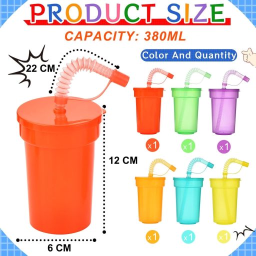 ALINK Neon Set Čaša 6 kom - Čaše za Hladne Napitke za Višekratnu Upotrebu s Poklopcem i Slamkom, Ledena Kava, Smoothie, Sok (380 ml)