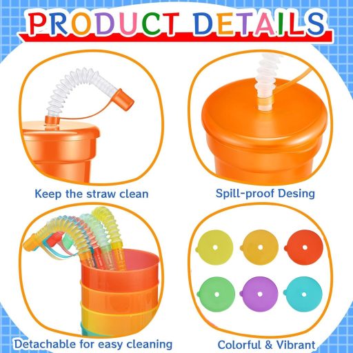 ALINK Neon Pohár Szett 6 db - Újrahasználható Hideg Italos Poharak Fedéllel és Szívószállal, Jeges Kávé, Smoothie, Gyümölcslé (380 ml)