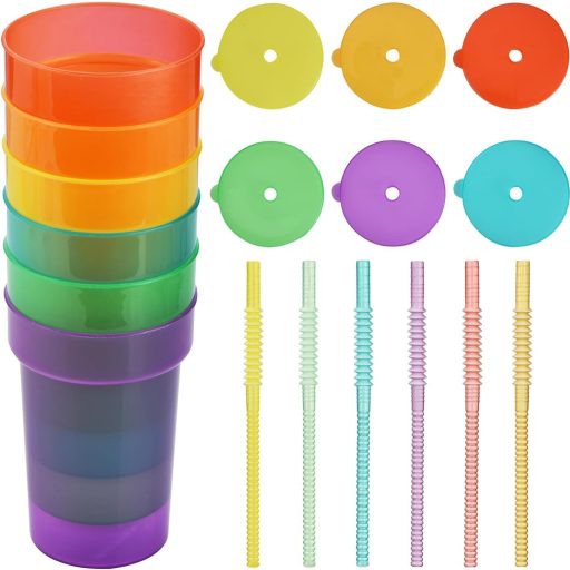 ALINK Neon Pohár Szett 6 db - Újrahasználható Hideg Italos Poharak Fedéllel és Szívószállal, Jeges Kávé, Smoothie, Gyümölcslé (380 ml)