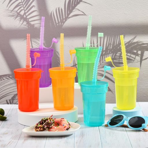 ALINK Neon Pohár Szett 6 db - Újrahasználható Hideg Italos Poharak Fedéllel és Szívószállal, Jeges Kávé, Smoothie, Gyümölcslé (380 ml)