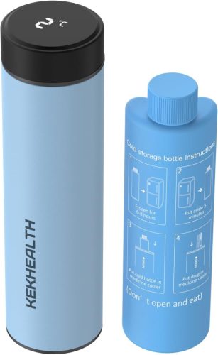 KEKHEALTH Inzulinhűtő Táska Digitális Hőmérséklet Kijelzővel - Gyógyszerhűtő Utazáshoz, 60 Órás Hűtés, 2-8°C, 2 Jégakkuval, Ködkék