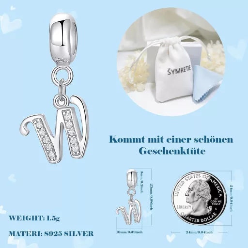 Symretie 925 Sterling Ezüst W Betű Charm Medál - Európai Karkötőkkel és Nyakláncokkal Kompatibilis Gyöngy Charm Nőknek