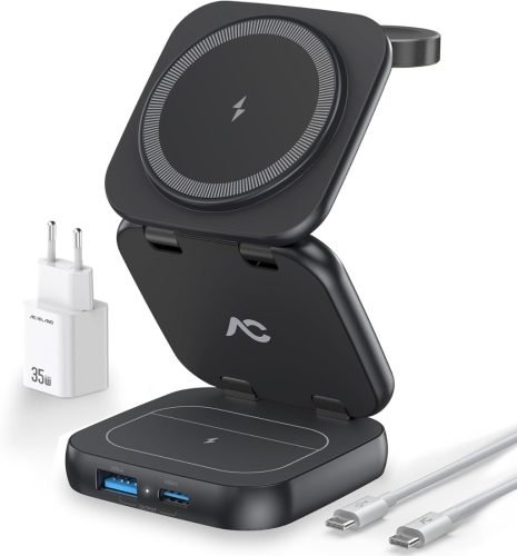 AC ISLAND 5 az 1-ben Összecsukható Vezeték Nélküli Töltőállomás iPhone 15/14/13/12, Apple Watch és AirPods Pro/3/2 Készülékekhez, MagSafe Ko