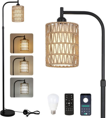 Lampadar Rayofly cu telecomandă - Lampă de living din ratan cu intensitate luminoasă reglabilă și control prin aplicație, lampă boemă cu abajur din ratan și in