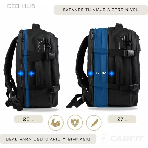 Rucsac de călătorie CabFit 40L, dimensiune cabină Ryanair Vueling, extensibil, negru