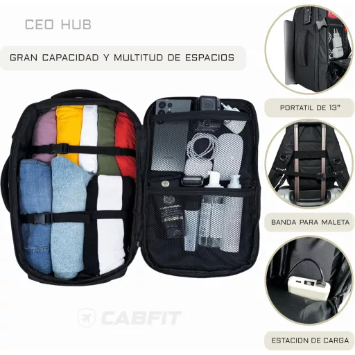 Rucsac de călătorie CabFit 40L, dimensiune cabină Ryanair Vueling, extensibil, negru