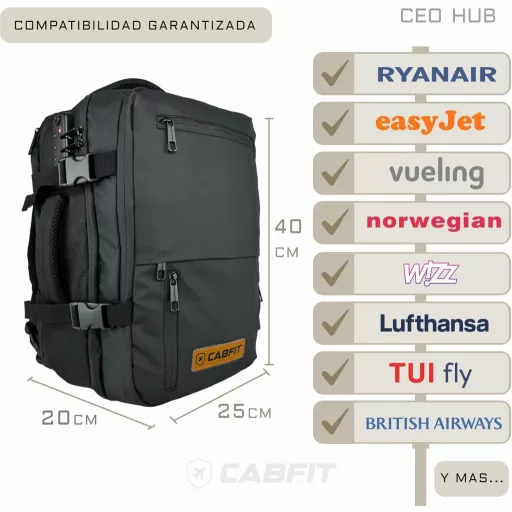 CabFit 40L Utazó Hátizsák Ryanair Vueling Kabin Méret Terjeszthető Fekete