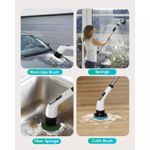 QIUOIO Perie electrică de curățat, reîncărcabilă, pentru baie, terasă, cu funcție de frecare și rotire