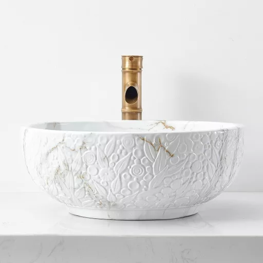 NATURFLAIR Okrugli Keramički Umivaonik 420mm Jazz Bijeli Mramorni Uzorak Za Na Pult