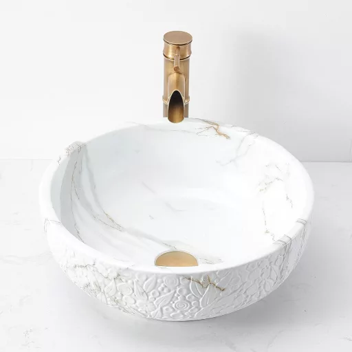 NATURFLAIR Okrugli Keramički Umivaonik 420mm Jazz Bijeli Mramorni Uzorak Za Na Pult