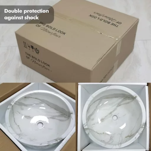 NATURFLAIR Okrugli Keramički Umivaonik 420mm Jazz Bijeli Mramorni Uzorak Za Na Pult