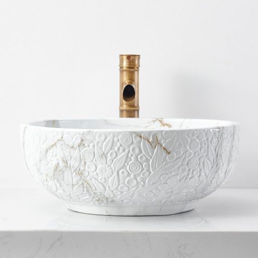 Okrúhle keramické umývadlo na dosku NATURFLAIR 420 mm, mramorový vzhľad Jazz biele