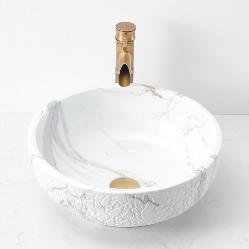Okrúhle keramické umývadlo na dosku NATURFLAIR 420 mm, mramorový vzhľad Jazz biele