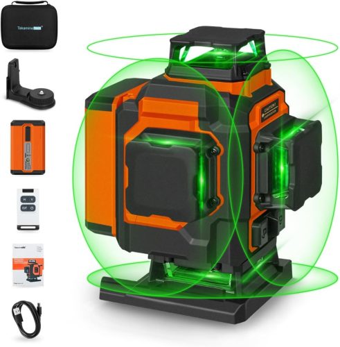 TakamineTech Zöld Keresztvonalas Lézer - 4x360° Önszintező Lézeres Szintező, 16 Vonalas Építési Lézer, 5200 mAh Akkumulátor, Távirányítható,