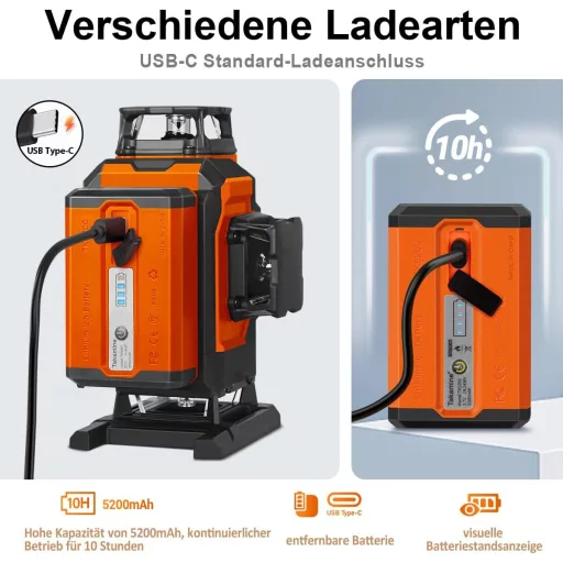 TakamineTech zeleni križni laser - 4x360° samonivelirajući laserski nivelator, 16 linijski građevinski laser, baterija 5200 mAh, upravljanje daljinskim upravljačem.