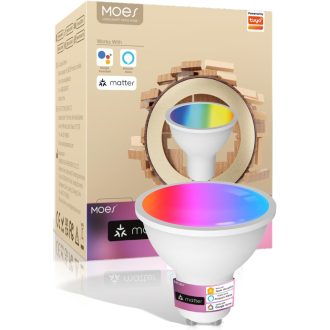   Bec LED Inteligent WiFi MOES GU10 - RGB cu Schimbare de Culoare, Dimmabil, 2700K-6500K, Compatibil Alexa, Google Home și Apple HomeKit, Muzică Sincronizată