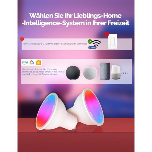 MOES GU10 WiFi Okos LED Izzó - RGB Színváltós, Fényerőszabályozható, 2700K-6500K, Alexa, Google Home és Apple HomeKit Kompatibilis, Zene Szi