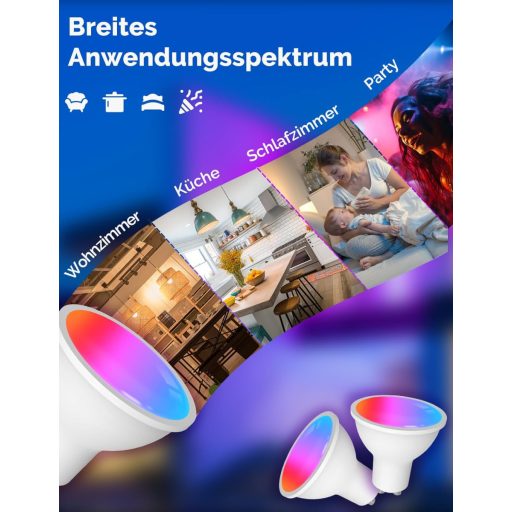 MOES GU10 WiFi Okos LED Izzó - RGB Színváltós, Fényerőszabályozható, 2700K-6500K, Alexa, Google Home és Apple HomeKit Kompatibilis, Zene Szi