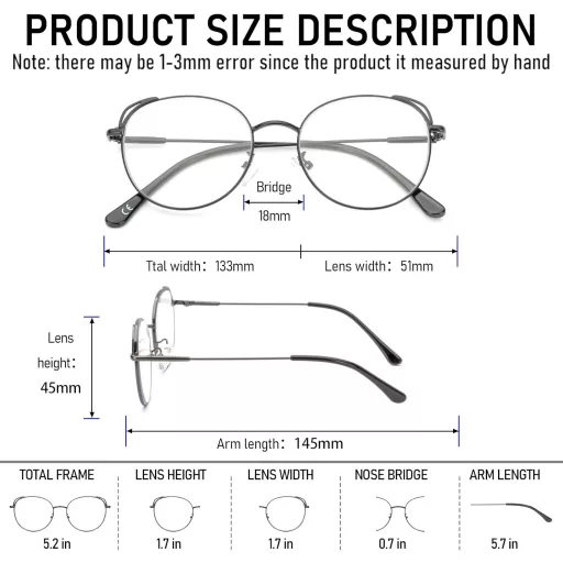 MMOWW Kék Fény Szűrő Olvasószemüveg Unisex Kerek Fém Keret +2.5 Dioptria