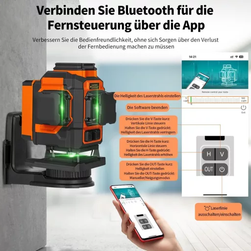 Nivelă Laser Verde TakamineTech 3x360° - Nivelă Laser Autonivelantă cu 12 Linii, cu Telecomandă, pentru Construcții, Placare Gresie, cu Încărcare Type-C