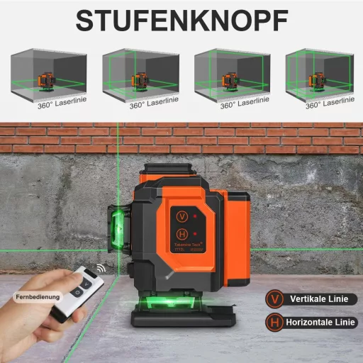 Nivelă Laser Verde TakamineTech 3x360° - Nivelă Laser Autonivelantă cu 12 Linii, cu Telecomandă, pentru Construcții, Placare Gresie, cu Încărcare Type-C