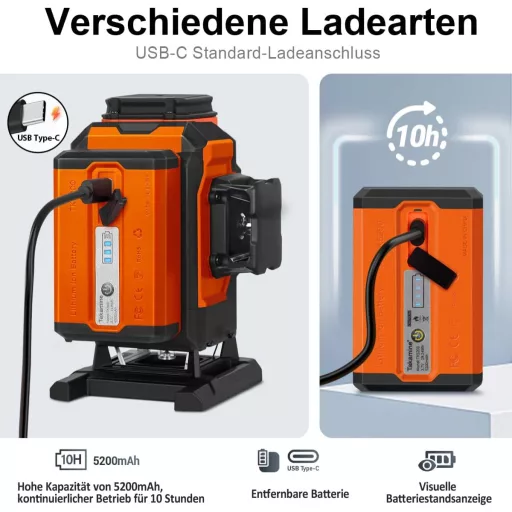 TakamineTech 3x360° Zöld Lézeres Szintező - 12 Vonalas Önbeálló Lézerszintező Távirányítóval, Építkezéshez, Csempézéshez, Type-C Töltéssel