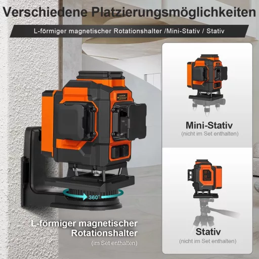 TakamineTech 3x360° Zöld Lézeres Szintező - 12 Vonalas Önbeálló Lézerszintező Távirányítóval, Építkezéshez, Csempézéshez, Type-C Töltéssel