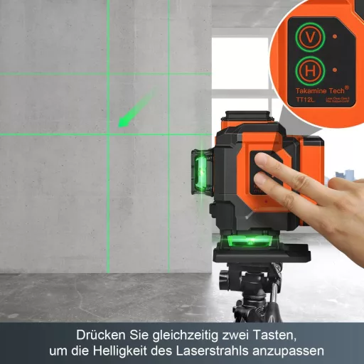 TakamineTech 3x360° Zöld Lézeres Szintező - 12 Vonalas Önbeálló Lézerszintező Távirányítóval, Építkezéshez, Csempézéshez, Type-C Töltéssel