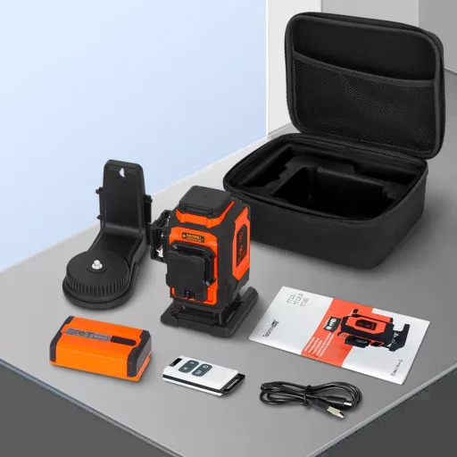 TakamineTech 3x360° Zöld Lézeres Szintező - 12 Vonalas Önbeálló Lézerszintező Távirányítóval, Építkezéshez, Csempézéshez, Type-C Töltéssel