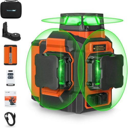 TakamineTech Zöld Keresztvonalas Lézer - 3x360° Önszintező Lézeres Szintező 12 Vonallal, Építkezéshez, 5200 mAh Akkumulátor, Távirányítóval,