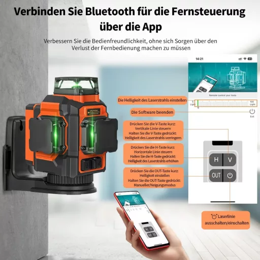 Laser cu Linii în Cruce Verde TakamineTech - Laser Autonivelant 3x360° cu 12 Linii, pentru Construcții, Baterie de 5200 mAh, cu Telecomandă