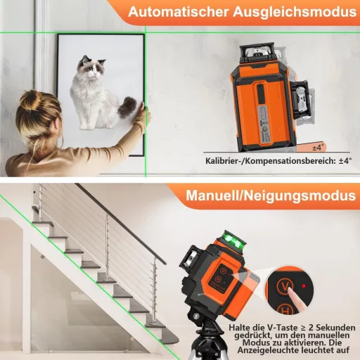 Laser cu Linii în Cruce Verde TakamineTech - Laser Autonivelant 3x360° cu 12 Linii, pentru Construcții, Baterie de 5200 mAh, cu Telecomandă