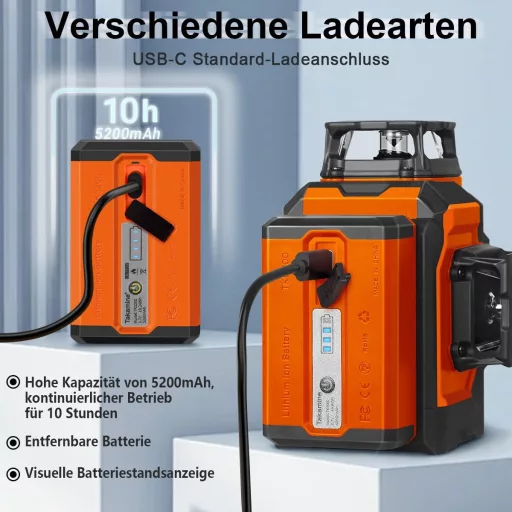 Laser cu Linii în Cruce Verde TakamineTech - Laser Autonivelant 3x360° cu 12 Linii, pentru Construcții, Baterie de 5200 mAh, cu Telecomandă
