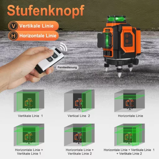 Laser cu Linii în Cruce Verde TakamineTech - Laser Autonivelant 3x360° cu 12 Linii, pentru Construcții, Baterie de 5200 mAh, cu Telecomandă