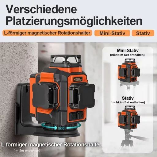 Laser cu Linii în Cruce Verde TakamineTech - Laser Autonivelant 3x360° cu 12 Linii, pentru Construcții, Baterie de 5200 mAh, cu Telecomandă