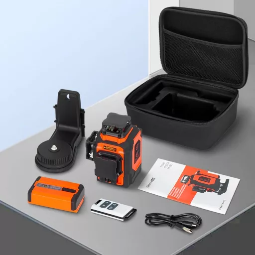 Laser cu Linii în Cruce Verde TakamineTech - Laser Autonivelant 3x360° cu 12 Linii, pentru Construcții, Baterie de 5200 mAh, cu Telecomandă