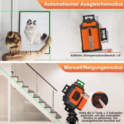 Laser cu Linii în Cruce Verde TakamineTech - Laser Autonivelant 3x360° cu 12 Linii, pentru Construcții, Baterie de 5200 mAh, cu Telecomandă