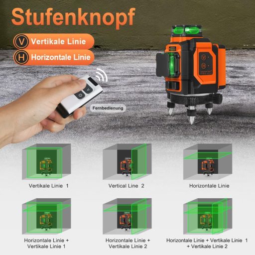 Laser cu Linii în Cruce Verde TakamineTech - Laser Autonivelant 3x360° cu 12 Linii, pentru Construcții, Baterie de 5200 mAh, cu Telecomandă