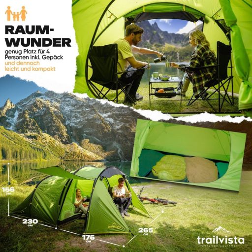trailvista Tunelový Stan pre 4 Osoby Vodotesný Kempingový Stan s Predsieňou - Ľahký Rýchlo-rozložiteľný Rodinný Turistický Stan s UV Ochranou